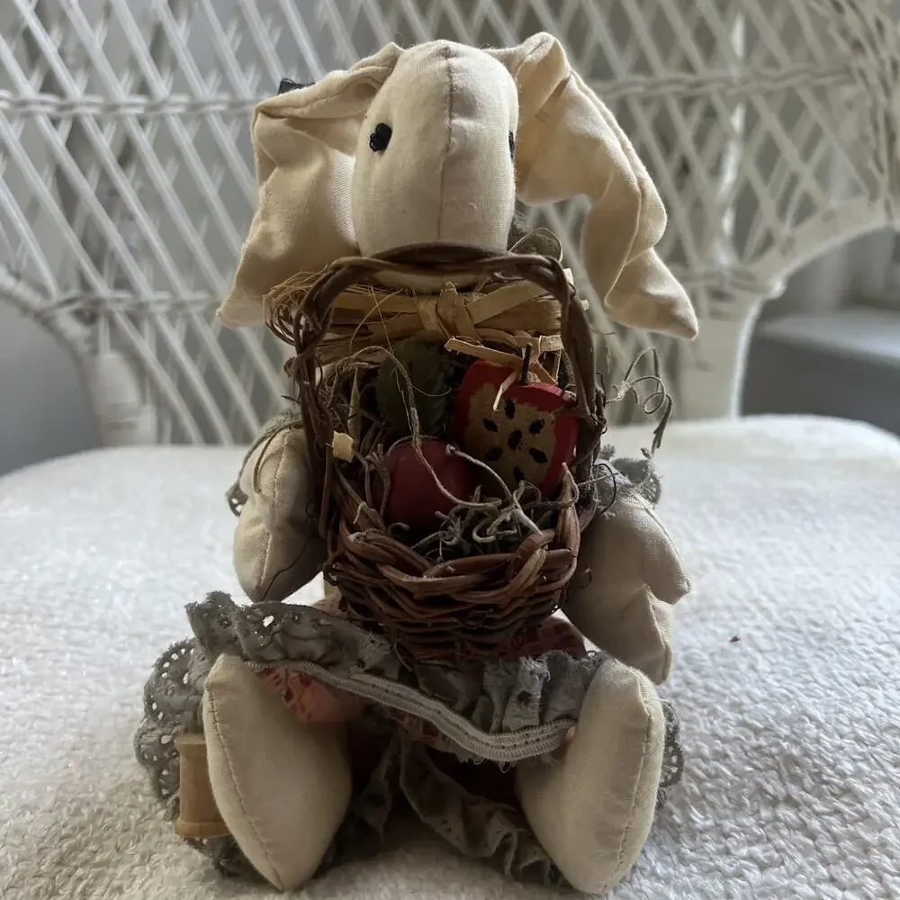 Vtg Primitive Fabric Bunny Doll Wood Block Base Sitter Country Folk Art 8”